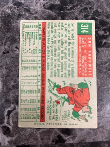 1959 Topps - Don Cardwell #314 VG-EX @QU20 - Picture 2 of 2