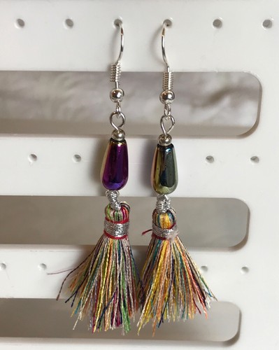 Red, Brown or Multicolour Tassel & Stone Bead Dangle Earrings on Plated Wires. - Picture 5 of 21