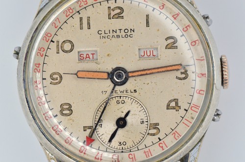 Vintage Clinton Incabloc 17 Juwelen dreifacher Datumskalender 33 mm manuelle Winduhr - Bild 3 von 14
