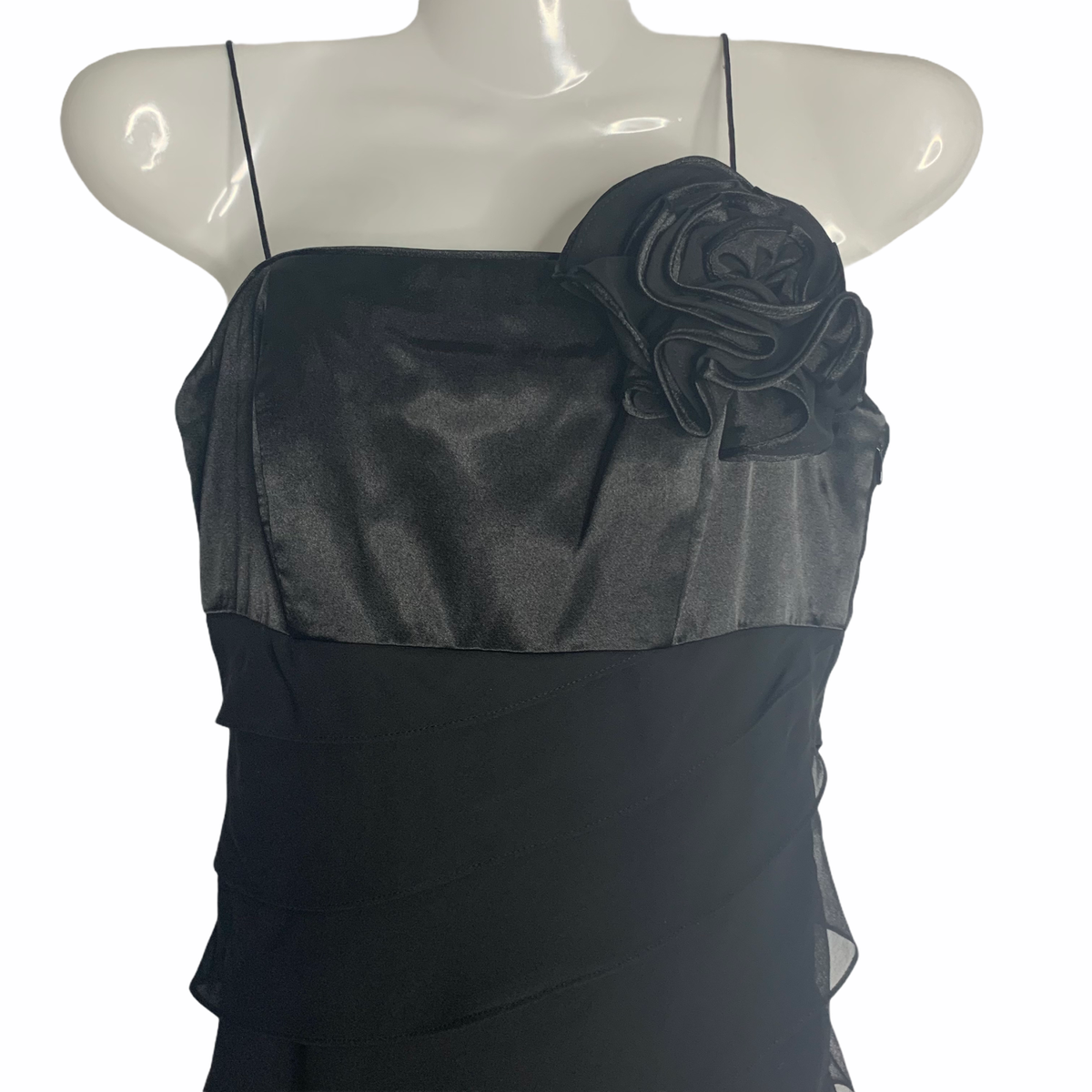 white house black market chiffon ruffle dress White House Black Market Cocktail Dress Womens 00 Black Chiffon Ruffles  Rosette