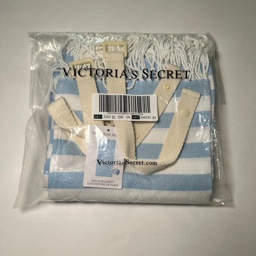 Victoria Secret Beach Picnic Blanket Fringe Blue White Stripped Logo Handle - Picture 4 of 6