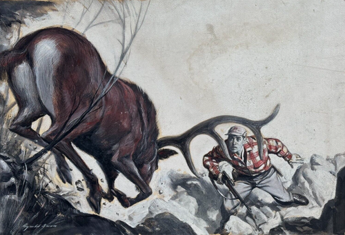REYNOLD BROWN SIGNED ORIGINAL WILDLIFE PAINTING RIFLE HUNTER CHARGE BY BIG BUCK - Picture 17 of 20