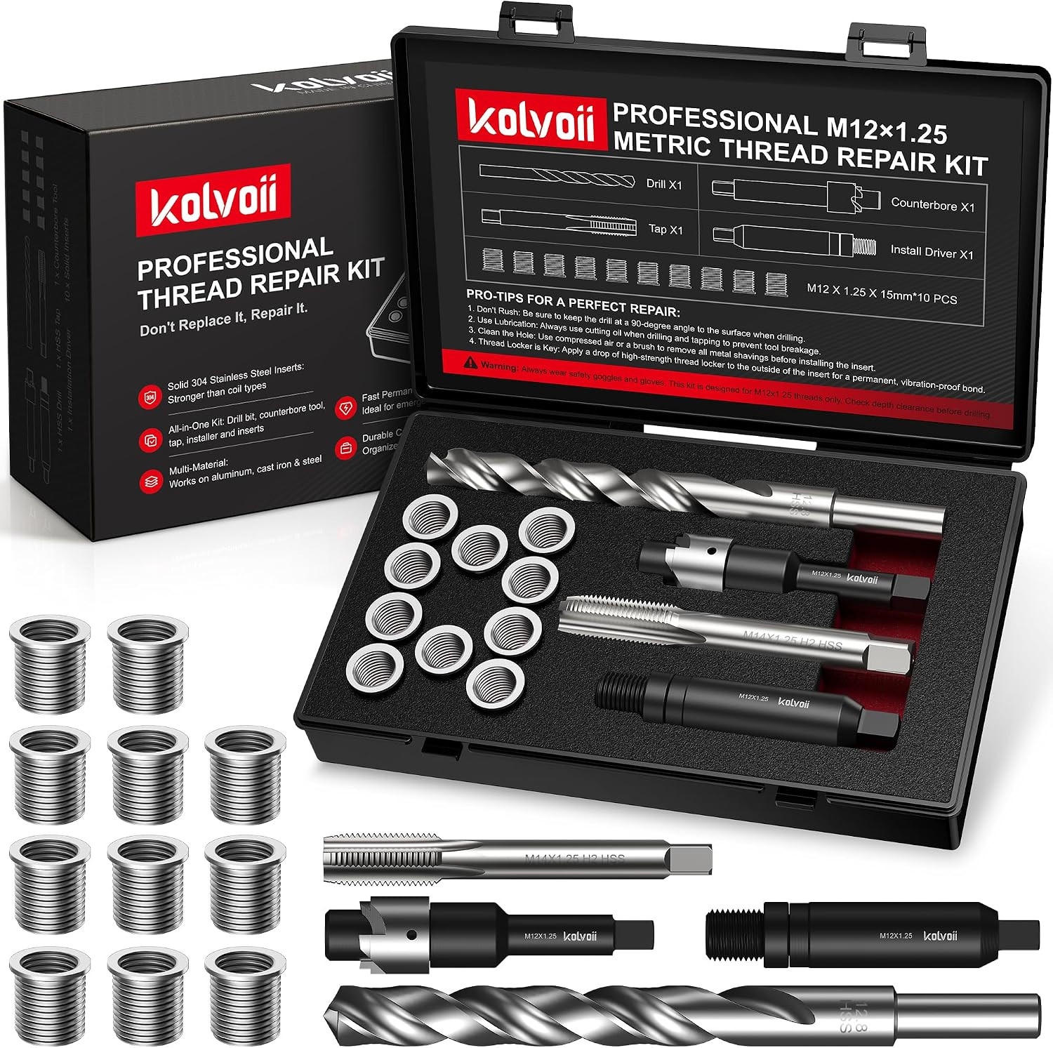 M12X1.25 Thread Repair Kit, 10 Solid 304 Stainless Steel Inserts
