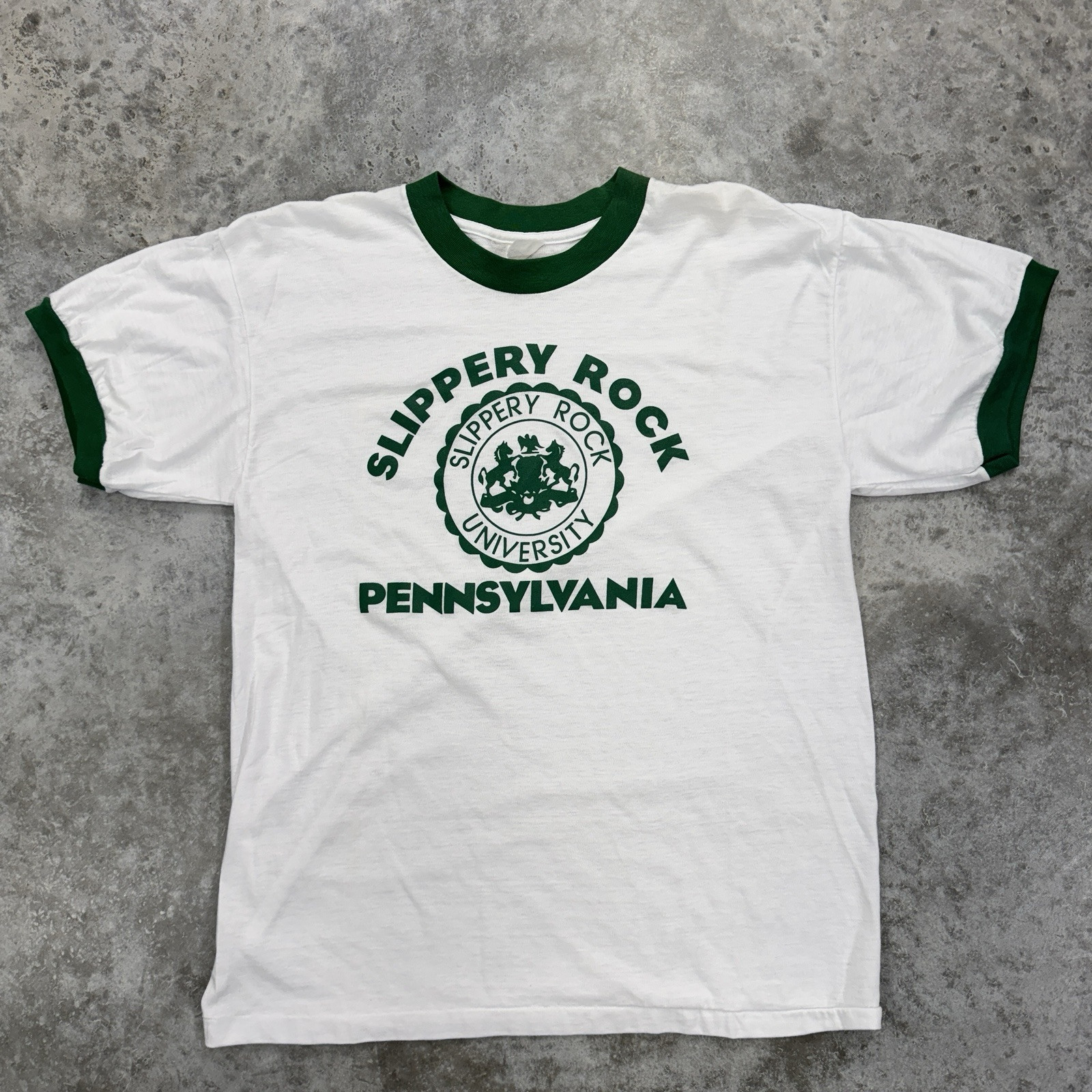Vintage Slippery Rock t shirt mens Large 80s ringer state college Pennsylvania