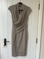 Pristine REISS Livia Taupe cap sleeve  drape front bodycon wiggle dress - UK 6