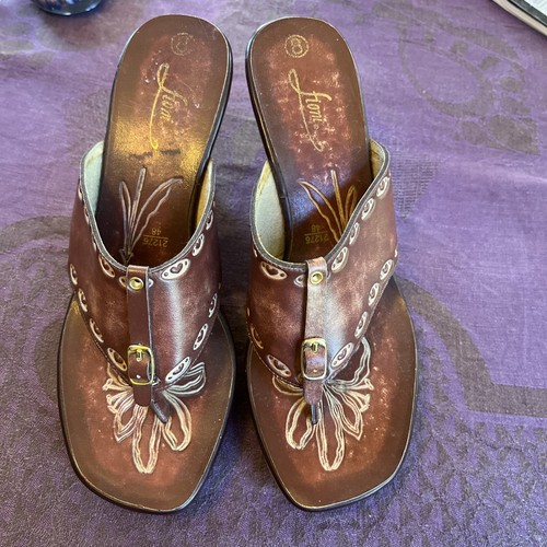Vintage Fioni Leather Mules Sandals Size US 8 Brazil 48 Burgundy Brown Heels - Picture 2 of 6