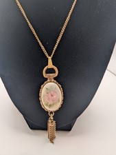 Vintage Gold Tone Floral Cameo Tassel Pendant Necklace Victorian Style