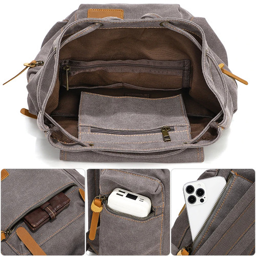 Canvas Backpack Large School Bag Travel Hiking Camping Rucksack 15" Laptop Bag - Picture 4 of 23