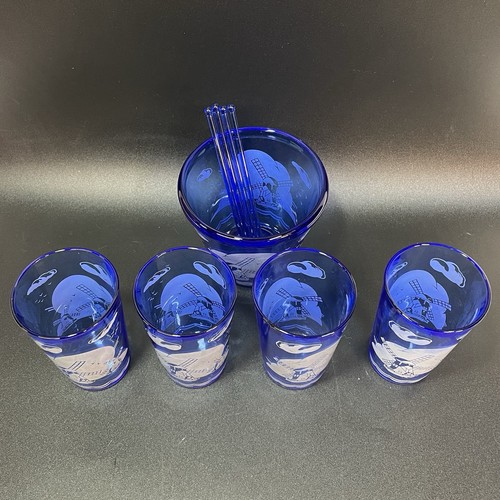 Hazel Atlas Cobalt Blue Windmill Ice Bucket Tumbler Glasses Stir Stick Set 1930s - Picture 4 of 14