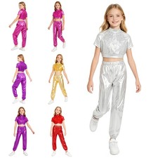 Kids Girls Costume Metallic Dancewear Ballet Outfits Disco Dance Crop Top Jazz