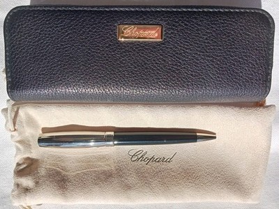 Chopard Black Resin Barrel Palladium Plated Roller Ball Pen & Leather Case
