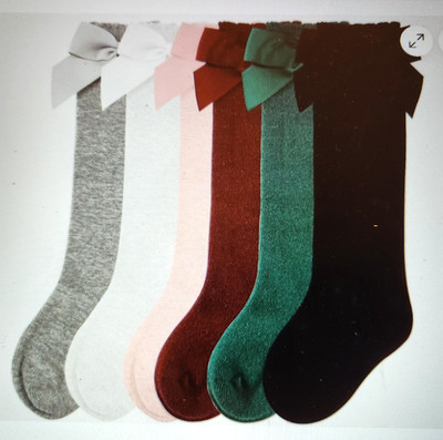 6 Pairs of KNEE SOCKS, 6 colors with Ruffle and Bows, Girl's 8-12 Y