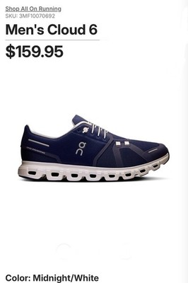 Men s On Cloud Cloud 6 Men s US Size 9 3MF10070692 DISPLAY/FLOOR MODEL BRAND NEW