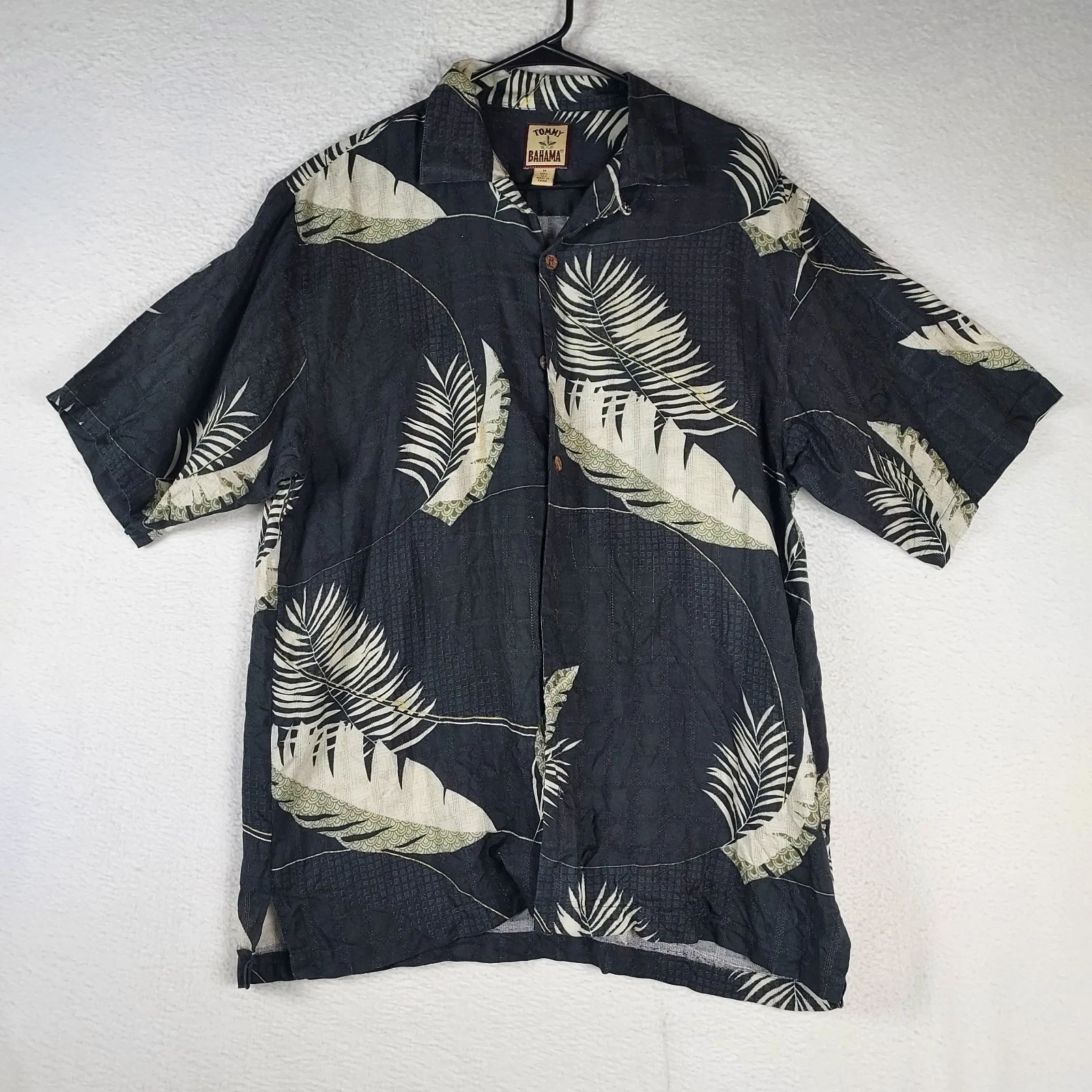 Tommy Bahama Mens Silk Hawaiian Shirt M Dark Navy Palm Leaf Print Button Front