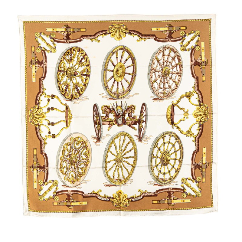 HERMES Carre 90 Roues De Canon Wheel Scarf White Multicolor Silk Women's