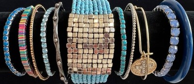 Lot Of 11 Piece Lot Silver  Tone & Blue Bangle Bracelet Jewelry Bracelets E30