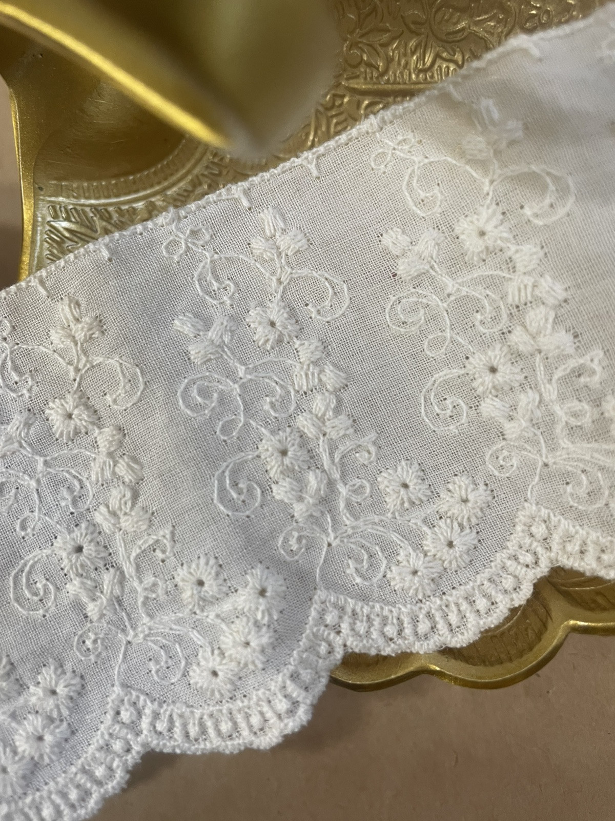 Vintage Floral Embroidery Cotton Lace Trim, Beige, Scalloped Edge, Eyelet Detail