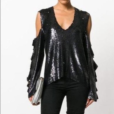 IRO Waleast Black Cold-shoulder Sequined Crepe Top EU size 34 (US XS, or 2)