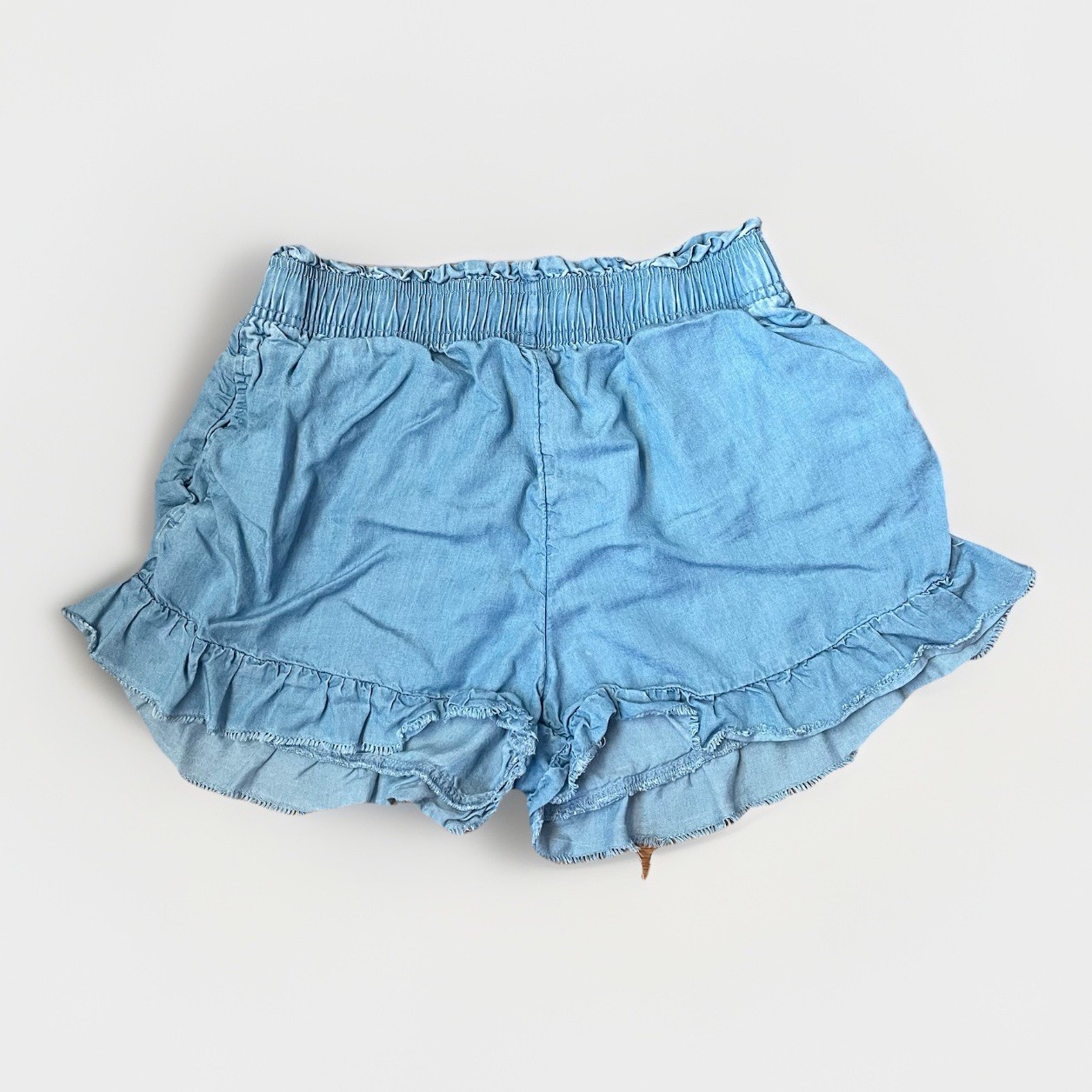 Aerie Women's Small Chambray Ruffle Pull-On High-Waisted Shorts Pockets Blue