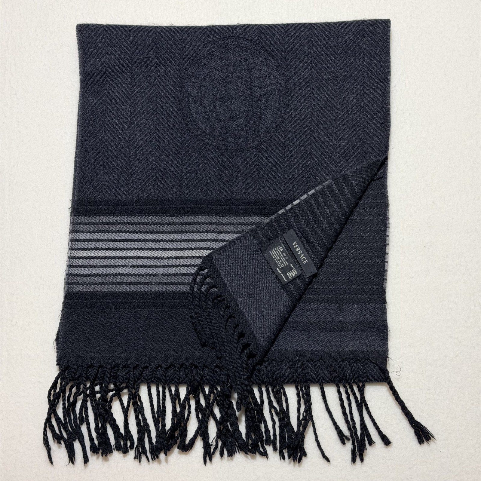 Versace Medusa Logo Black Gray Wool Scarf Preppy Designer Made In Italy