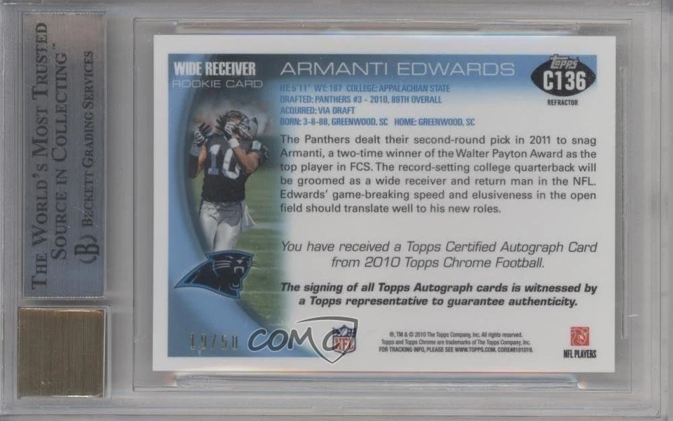 2010 Topps Chrome Refractor /50 Armanti Edwards #C136 BGS 9 MINT Rookie Auto RC - Image 2 of 2