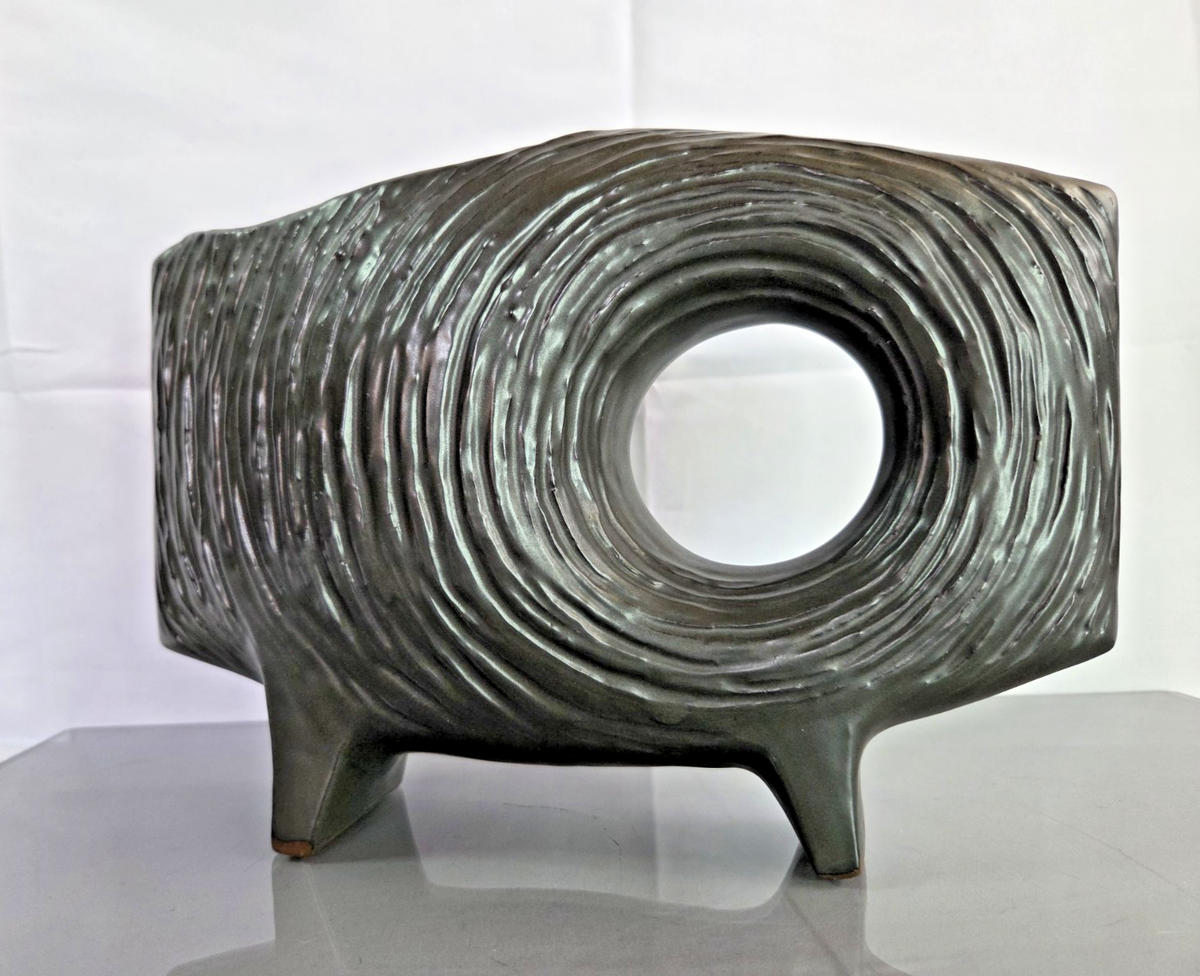 Japanese Ikebana Vase TOYO Mid Century Sculptural Ceramic Hole