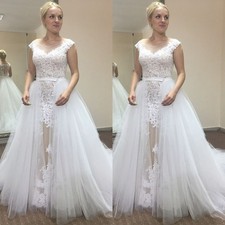 Beach Wedding Dresses With Detachable Train Scoop Neck Lace Tulle Bridal Gowns