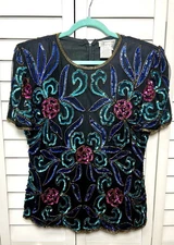 Papell Boutique Evening Vintage 100% Silk Beaded Sequin Top Women’s Size Medium