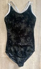 Balera Dance Leotard LC Large Child Black Velvet Silver Metallic Criss Cross