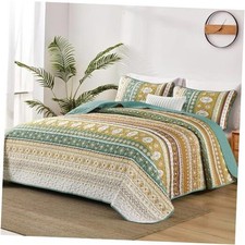 Boho Quilt Size, Colorful Bohemian Bedspread Size Set with 2 Queen Green Brown