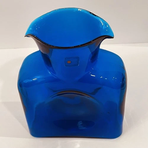 Blenko Sapphire Blue Art Glass Pitcher Vase Hand Blown MCM 8.5”