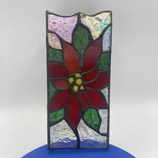 Vtg 8" Stained Lead Glass Poinsettia Pillar Candle Cover Iridescent Christmas