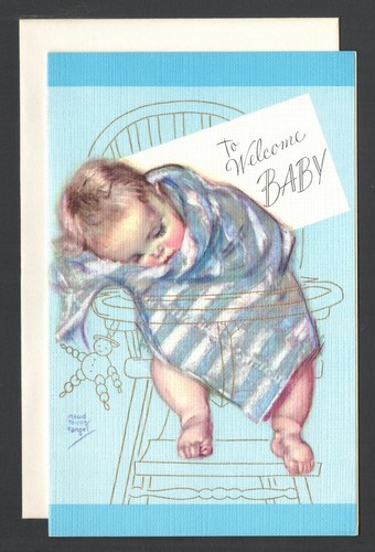 Vntg UnUsed To WELCOME BABY Card &Env Baby Sleeping in HighChair FANTUSY Chicago