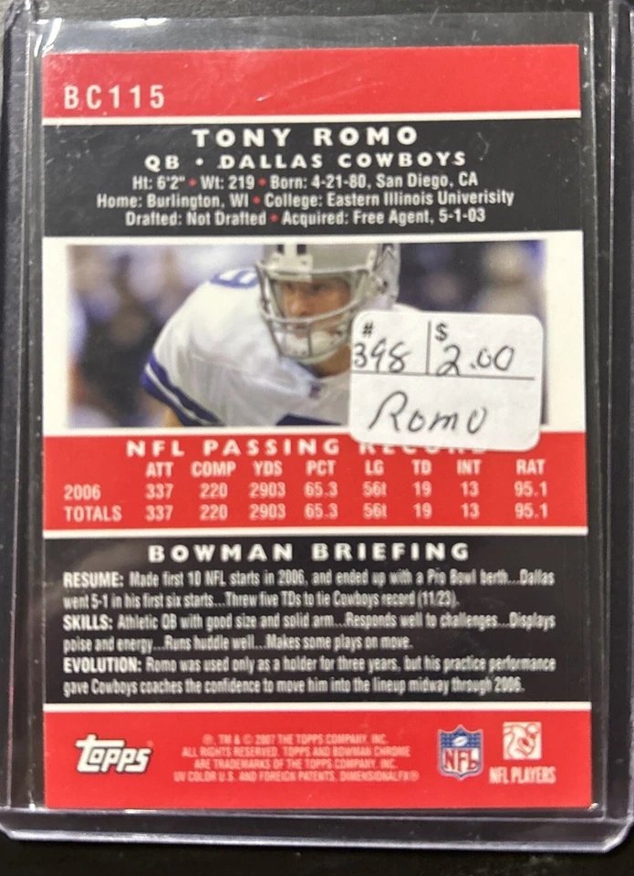 2007 Bowman Chrome - #BC115 Tony Romo - Image 2 of 2