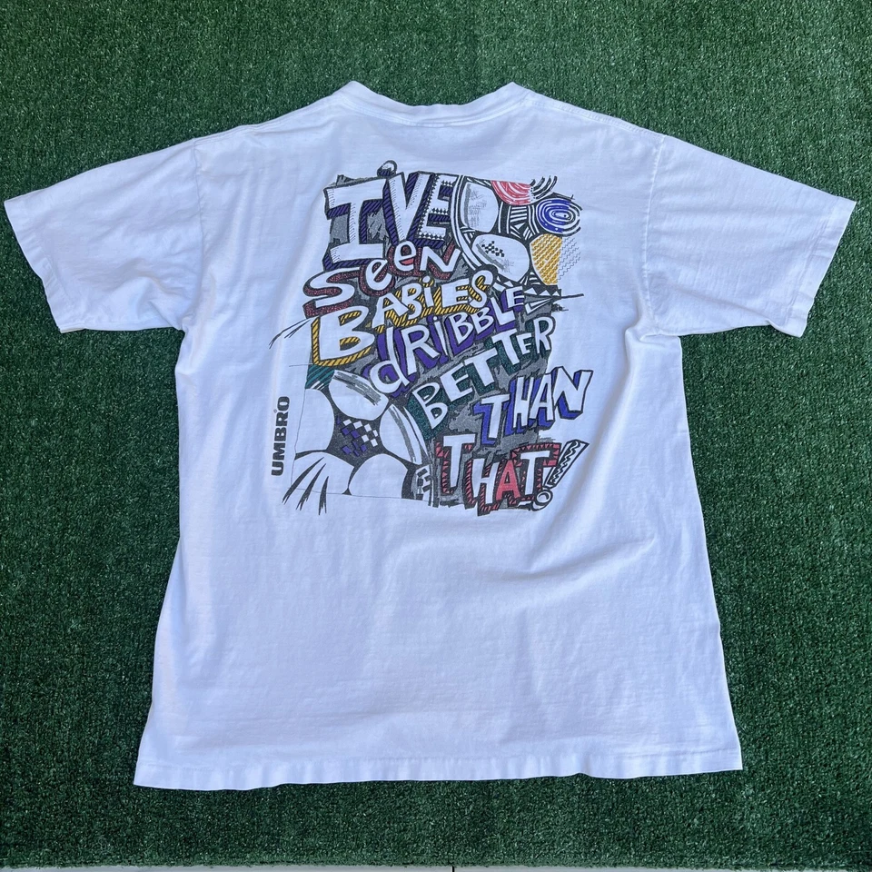 Vintage 90s Men's Umbro Trash Talk Soccer Dribble White T-Shirt XL AND 1 Style - Image 2 of 4