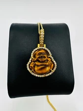 14k Gold Red/Brown Tiger Eye Stone Buddha Pendant with  0.47ctw Natural Diamonds