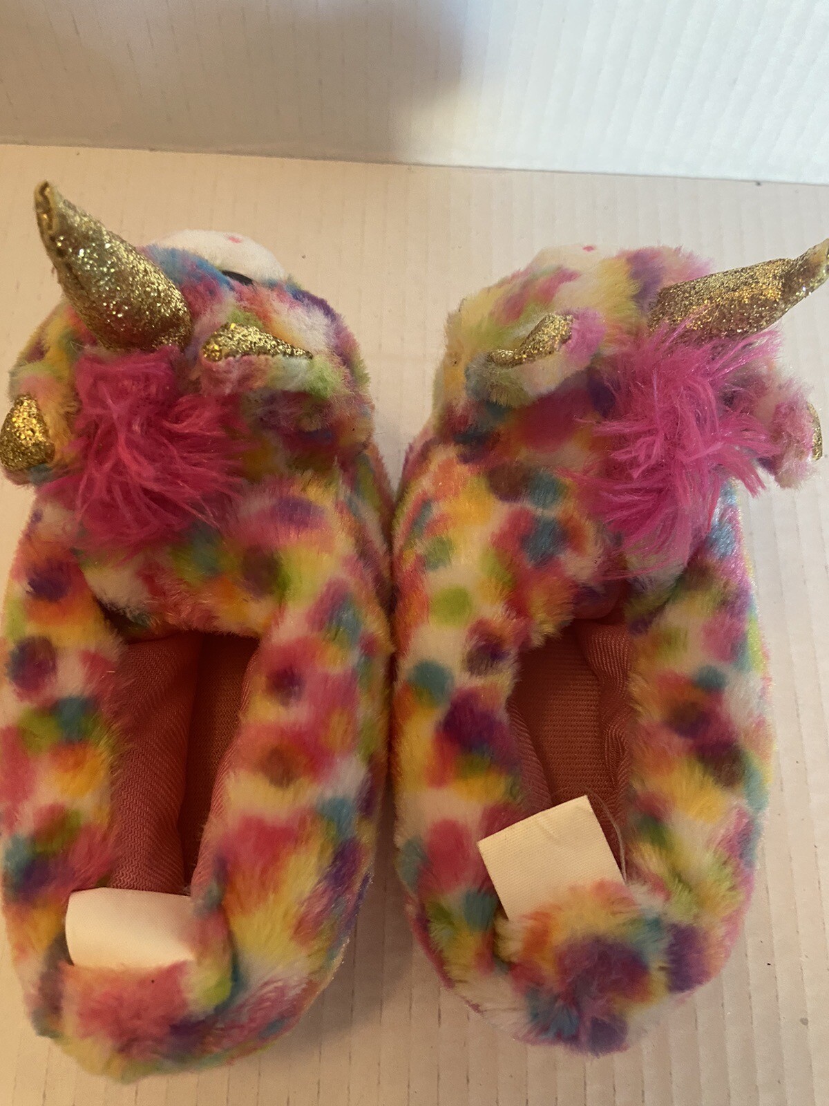 PANTOFOLA D’ORO Soffici pantofole da bambina fuzzy unicorno oro rosa arcobaleno taglia small (5 6)