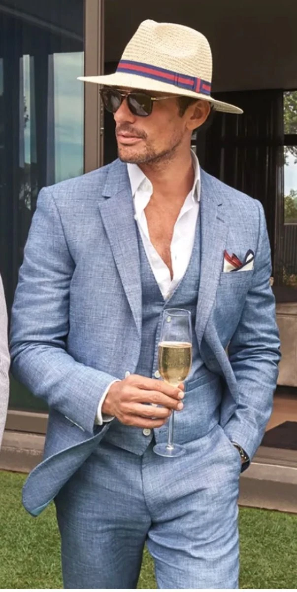 Blue Linen Business Men's Suits Spring Summer Wedding Tuxedos Blazer Pant  Vest