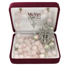 Adoration Rosary 8mm Rose Quartz Beads Silver Ox Praying Angel INRI Crucifix