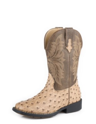 Roper Western Boots Boys Jed Ostrich Leather Tan 09-119-1224-3500 TA