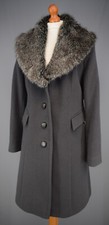 Ladies Kaliko Grey Wool Blend Coat With Faux Fur Collar Size Uk 12