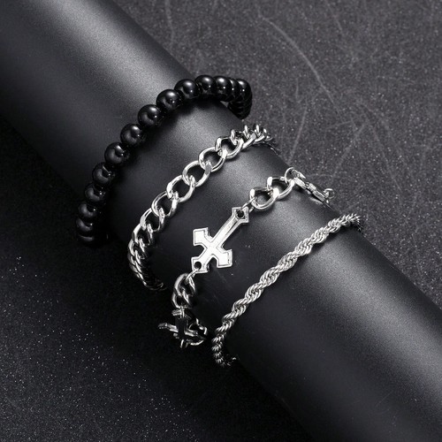 Men's 4pcs Stainless Steel Punk Cross Charm Beaded Cuban Rope Chain Bracelet Set - Picture 3 of 5