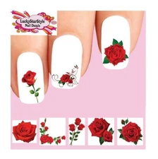 Waterslide Flowers Rose Nail Decals Set of 48 - Red Roses Assorted