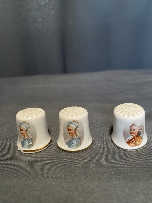 Set of 3 Vtg white Porcelain Thimbles Victorian Images Tagged W Germany?