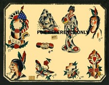 VINTAGE Cross Sword Ship Native American Colored TATTOO Flash Print