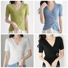 Top Blusa A Maniche Corte In Maglia Donna Collo A V Lavoro Casual Estate