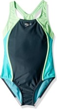 Speedo L141143 Girl's Grey Mesh Splice Thick Strap Swimsuit One Piece Size 12
