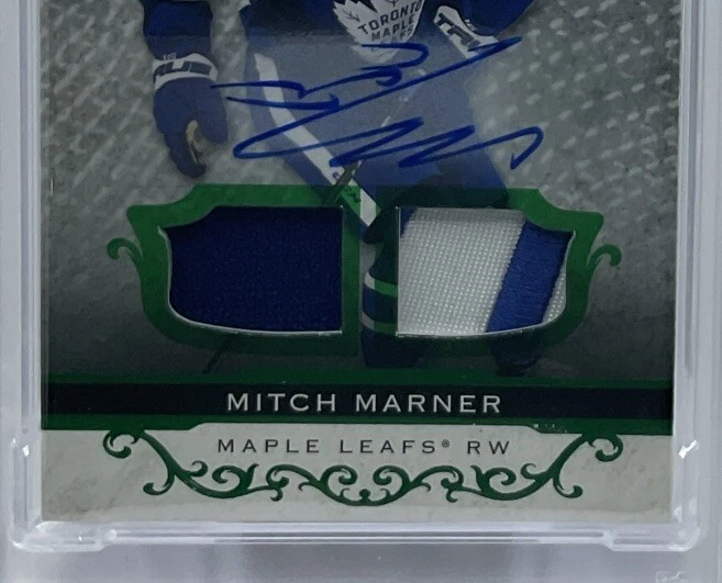 Mitch Marner Auto PSA 8/10 - 2021 UD Artifacts Emerald /15 w/ Relic - Knights - Image 4 of 4