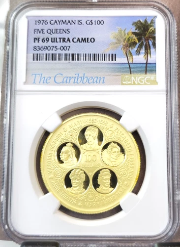 1976 CAYMAN ISLANDS GOLD 100 DOLLARS FIVE QUEENS NGC PF 69 ULTRA CAMEO TOP POP