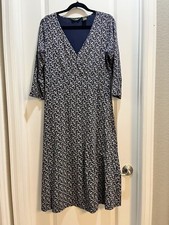 Eddie Bauer Blue Floral Faux Wrap 3/4 Sleeves Dress Medium Armpit To Armpit 20”